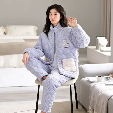 婷美睡衣女士冬天三层夹棉袄加绒加厚珊瑚绒秋冬季家居服韩版套装图片