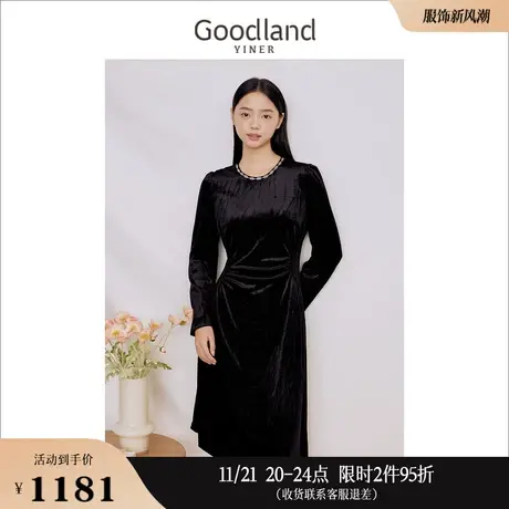 Goodland美地女装2023冬季金丝绒肌理不对称小礼服显瘦连衣裙图片
