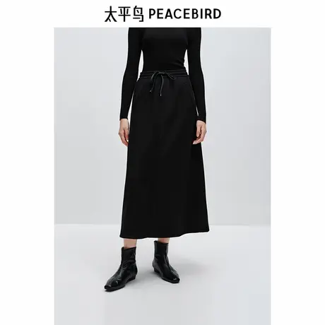 太平鸟 女士中长款针织半身裙冬季新款运动可抽绳拼接设计裙子图片