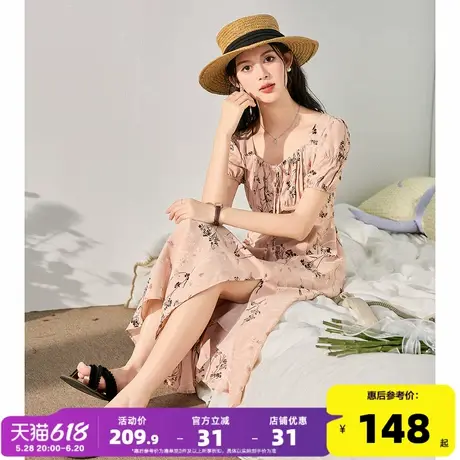 唐狮2025夏季新款女碎花连衣裙长款开叉收腰显瘦气质方领可调节l3图片