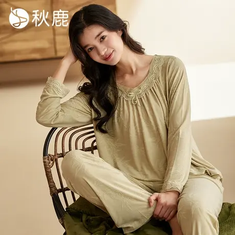 秋鹿【超柔软】针织提花纯棉睡衣女2025春秋新款可外穿长袖家居服图片