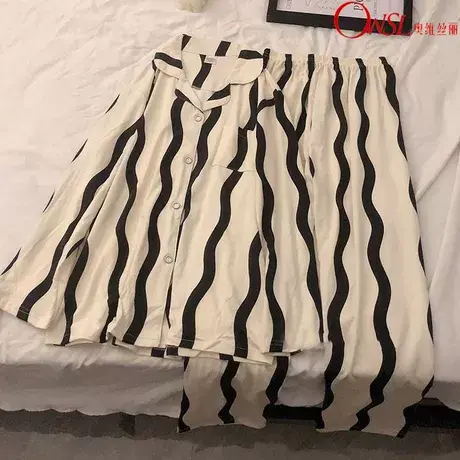日系ins波浪条纹睡衣女春秋季长袖高级感网红棉家居服图片