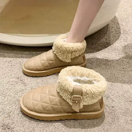 皮面防水雪地靴女冬皮毛一体毛毛鞋2024新款加绒加厚保暖短筒棉鞋图片