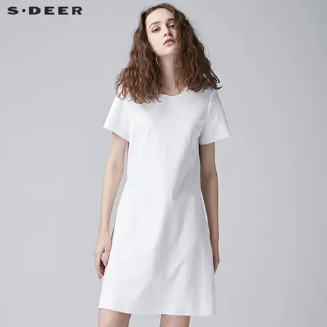 sdeer圣迪奥2019春装简约纯色圆领立体印花短袖连衣裙S17181297图片