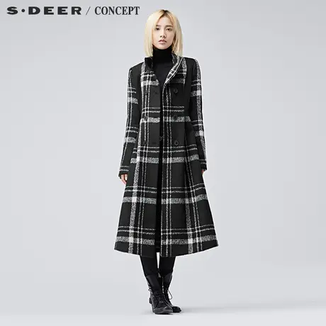 sdeer圣迪奥女2018冬装复古英伦格纹立领大衣S16481867图片