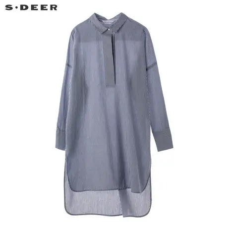 sdeer圣迪奥清新简约蓝白条纹前短后长开衩设计翻领上衣S18780526图片