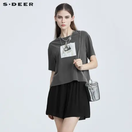 sdeer圣迪奥夏季圆领印花基本款透气短袖T恤女S21260157商品大图