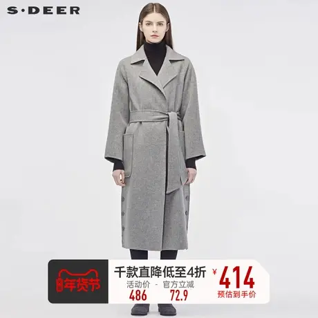 sdeer圣迪奥冬装平驳领口袋纽扣开衩收腰长款毛呢大衣女S184818A6图片