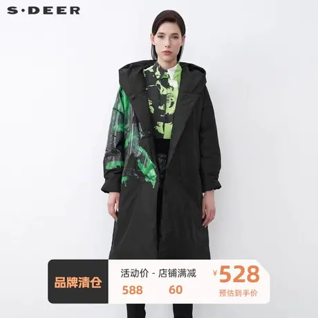 sdeer圣迪奥女装休闲连帽撞色胶印长款黑色羽绒服S21482495图片