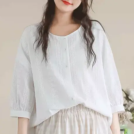 胖妹妹夏季满幅绣简约圆领衬衫 大码2023夏学院风减龄上衣200斤女图片