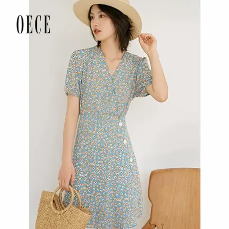 Oece夏装新款女装 清爽文艺小碎花复古V领收腰短袖气质连衣裙图片