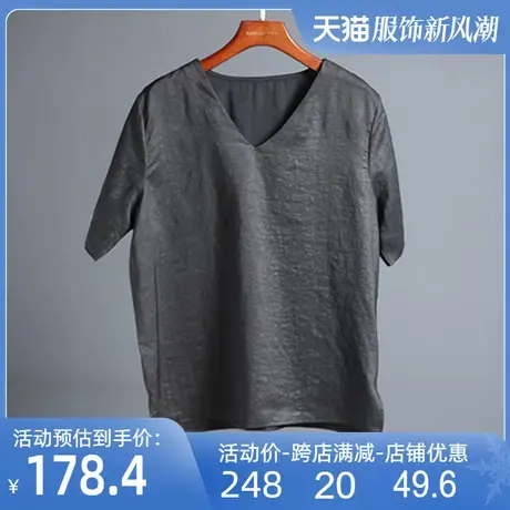 龟纹香云纱真丝上衣女2025春秋新款桑蚕丝黑色宽松妈妈装短袖T恤图片