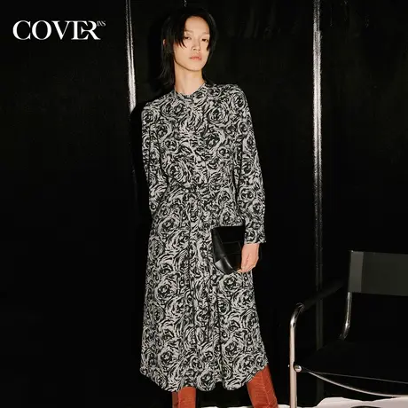 COVER秋季水墨玫瑰印花不对称连衣裙图片