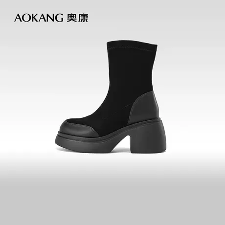 奥康女鞋 冬季新款时尚拼接袜靴厚底增高百搭时装靴简约短靴图片