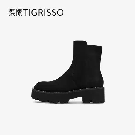 蹀愫冬绒面黑色弹力靴厚底增高拉链女鞋靴子TA54760-50图片