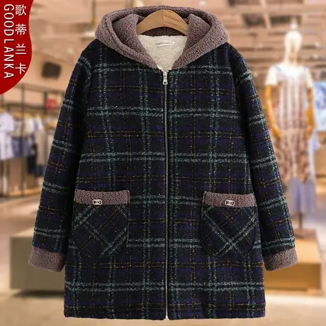 中老年女装冬季加绒棉衣大码妈妈装连帽加厚保暖格子棉袄棉服外套图片
