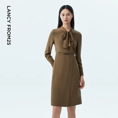 【真丝】LANCY/朗姿2023秋季新款长袖纯色中长款飘带连衣裙子女图片
