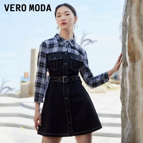 Vero Moda奥莱夏季清仓牛仔时尚气质格纹拼接七分袖A摆连衣裙子图片