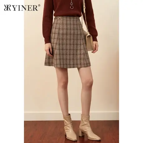 YINER音儿女装冬季格纹羊毛高腰A字半身裙图片