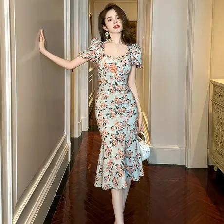 优雅修身垂坠感鱼尾连衣裙女夏季轻奢小众名媛风显瘦包臀碎花裙子图片