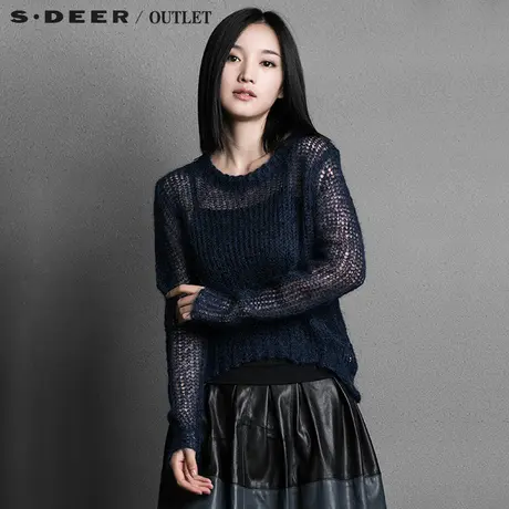 s.deer圣迪奥女装套头罩衫毛衣简约毛衫纯色镂空针织衫S15383505商品大图