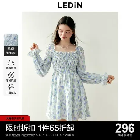 乐町蓝印花长袖连衣裙2024年春季新款打揽裙收腰短款方领仙女裙图片