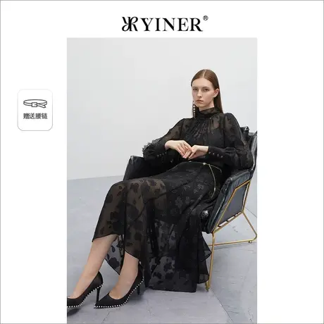 YINER音儿春秋季时尚蕾丝提花网纱腰链连衣裙图片