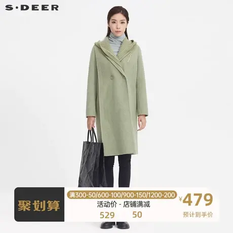 sdeer圣迪奥休闲连帽拼接胸针中长款毛呢大衣女冬外套S20481811图片