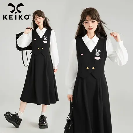 KEIKO法式假两件式衬衫连衣裙25春季通勤气质收腰显瘦黑色A字长裙图片