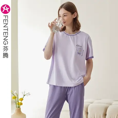 芬腾睡衣女纯棉夏薄款透气短袖七分裤套头圆领韩版全棉家居服套装图片