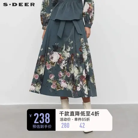 sdeer圣迪奥女装复古休闲系带印花百褶A字伞裙S233Z1132图片