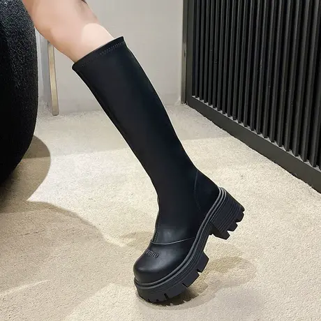 靴子女2023新款秋冬显瘦粗跟高筒靴复古瘦瘦靴厚底高级感不过膝靴商品大图