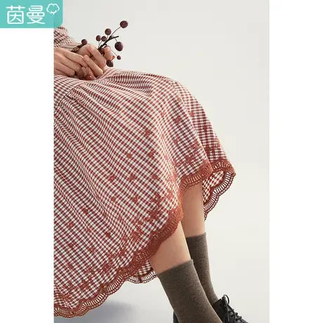 【商场同款】茵曼2023春装新款女格纹镂空绣花拼接显瘦A字裙裙图片
