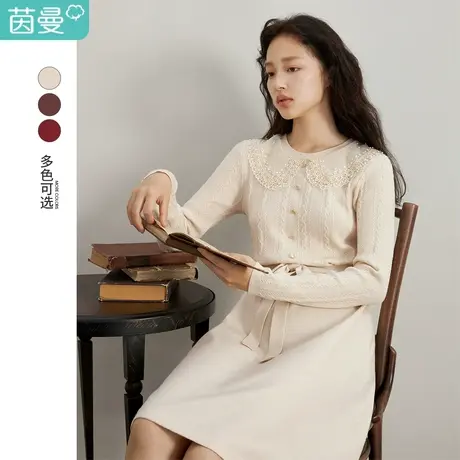 茵曼特价清仓冬季女娃娃领优雅收腰绑带a字显瘦长袖连衣裙图片