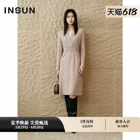 INSUN恩裳专选冬季高智感束腰羊绒羊毛连衣裙图片