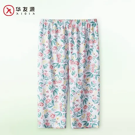 华友源妈妈春夏季纯棉印花七分裤中老年人奶奶可外穿大码家居睡裤图片