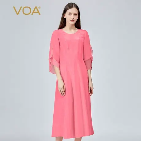 VOA真丝30姆米重磅圆领玫红色九分袖撞料拼接侧拉桑蚕丝连衣裙图片