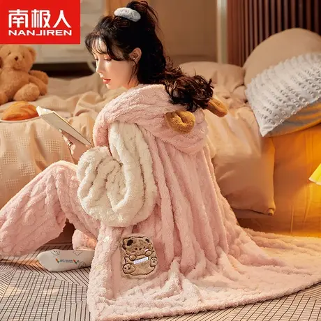 珊瑚绒睡袍女秋冬季睡裙长款加绒加厚法兰绒浴袍睡衣家居服套装冬图片
