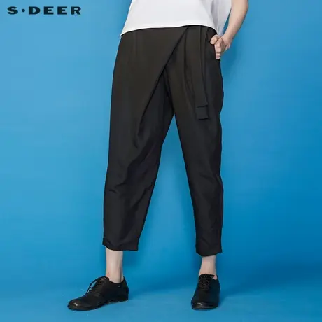 sdeer圣迪奥夏季休闲插袋拼接飘带黑色萝卜裤女S20260802商品大图