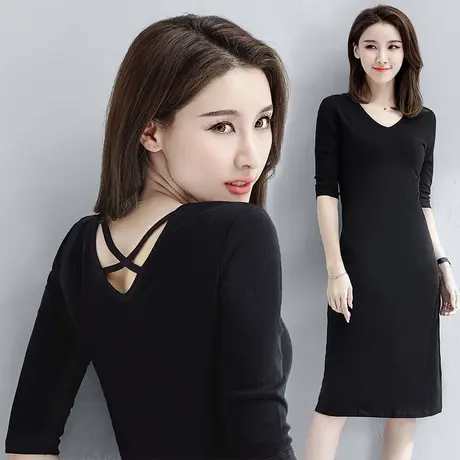 黑色五分袖连衣裙女2023年春夏新款修身显瘦裙子中长款性感打底裙商品大图