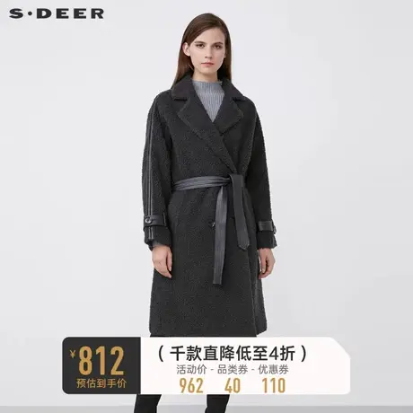 sdeer圣迪奥冬装西装领收腰羊羔毛绒长款大衣女S21481703图片