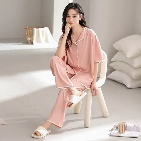 洁丽雅女款睡衣2025新款春夏季纯色休闲大码可外穿短袖家居服套装图片