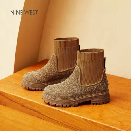 Nine West/玖熙厚底弹力靴女2025秋冬加绒袜靴百搭雪花绒休闲短靴商品大图