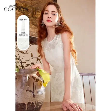missCOCOON白色无袖连衣裙女夏2023新款收腰显瘦修身国风网纱裙子图片