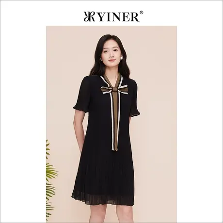 YINER音儿专选女装夏季法式优雅撞色轻甜蝴蝶结H型连衣裙图片