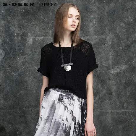 sdeer圣迪奥2018秋女装简约纯黑宽松蝙蝠针织S16183580商品大图