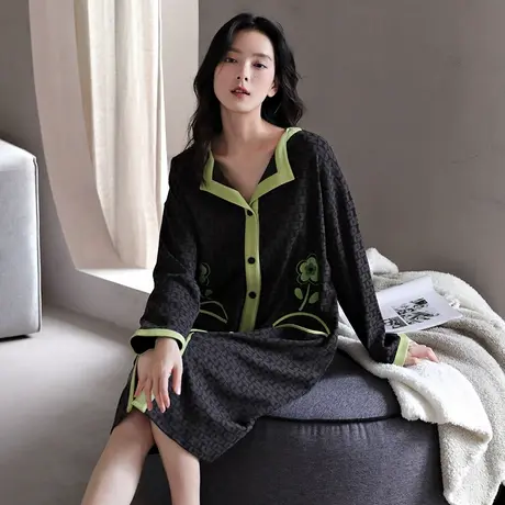 婷美春秋款睡裙女纯棉长袖开衫睡衣可外穿ins风连衣裙韩系家居服图片