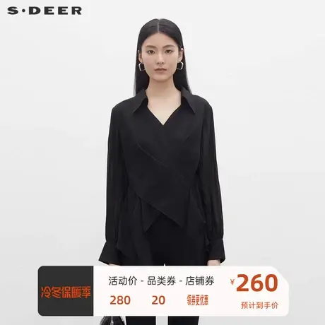 sdeer圣迪奥女装翻领交叉褶皱不规则雪纺衬衫S233Z0506商品大图