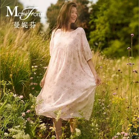 曼妮芬2025夏可外穿女士圆领泡泡中袖裙装舒适家居服睡裙20312057图片