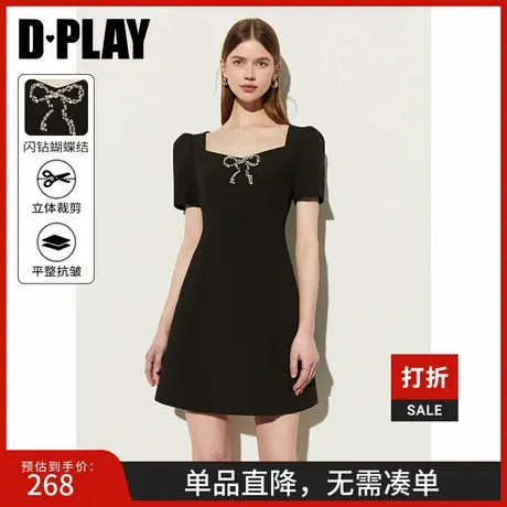 DPLAY年夏法式风方领泡泡袖胸部蝴蝶结装饰黑色连衣裙短裙女图片